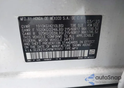 2023 Honda Hr-V 2Wd Lx z USA, uszkodzony, nr VIN 3CZRZ1H34PM741657